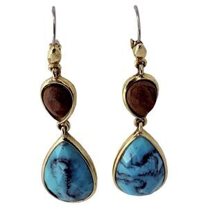Vintage Gold-Tone Dangle Earrings with Faux Turquoise and Brown Stone Accents